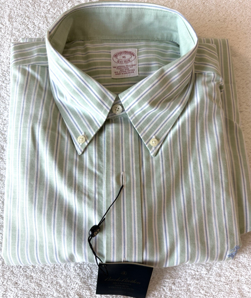 Brooks Brothers XL Original Oxford Shirt Supima Cotton Non-Iron NWT Green Stripe